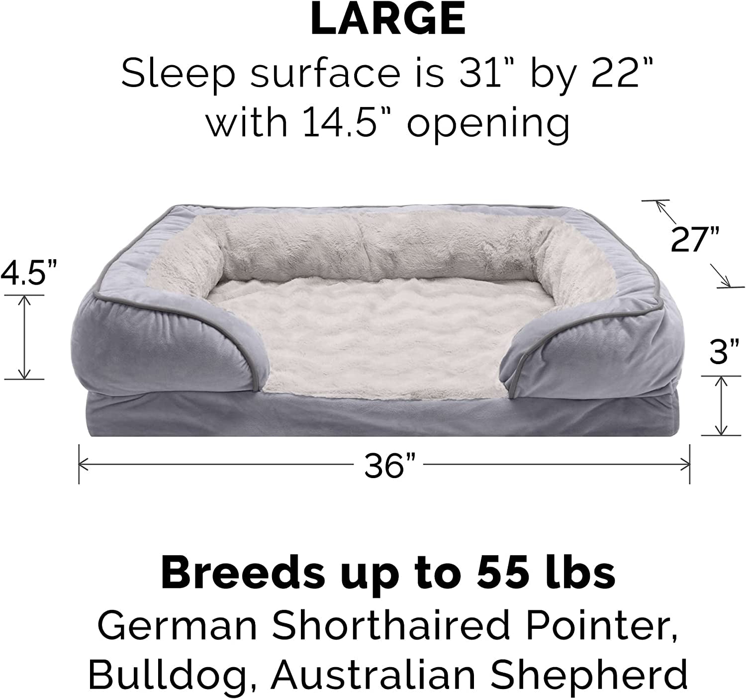 Soft, Orthopedic Foam Perfect Comfort Dog Bed with Washable & Removable Cover -Velvet Waves - Granite Gray, Dogs up to 55 Lbs - Large
